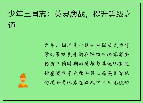 少年三国志：英灵鏖战，提升等级之道