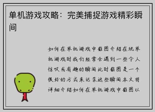 单机游戏攻略：完美捕捉游戏精彩瞬间